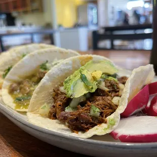 Barbacoa &amp; Chile Verde Tacos.  Generous portions of meat.