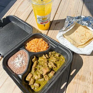 Chile Verde with Handmade Tortillas and its Agua Fresca.