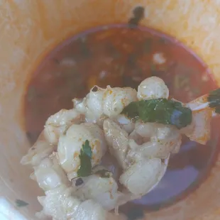 Poured out the soup to show the amount of hominy in my order after I specifically asked for no hominy.