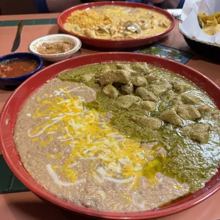 Front Chili Chile Verde.  Back Pollo a la Crema