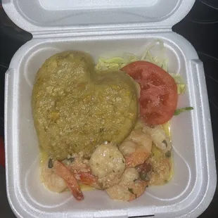 Mofongo, shrimp scampi and salad