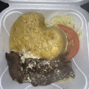 Mofongo, garlic steak and salad
