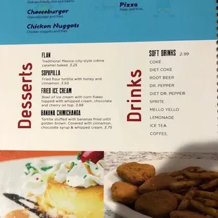a menu for desserts and drinks