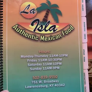 Menu cover: hours and address