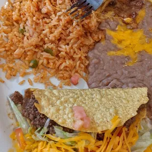 The Danielita (beef enchilada and crispy beef taco, rice and beans)