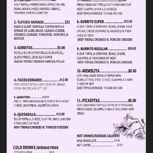 the menu of la jacarandaa