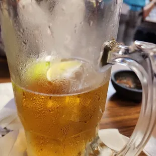 Ice cold beer, yes half gone not how they serve it.. lol