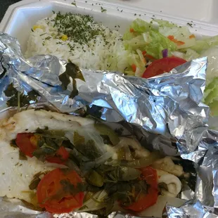 Lemon and cilantro fish in foil to-go