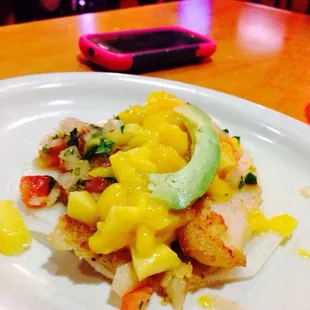 This was actually good jicamazos ... Jicama tortilla with shrimp and pico with mango for extra 50 cents ? Good none the less