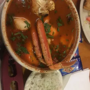 Caldo "La Jaiba" Jumbo size.  Loaded with fish, jumbo shrimp, octopus, scallops, mussels and crab.