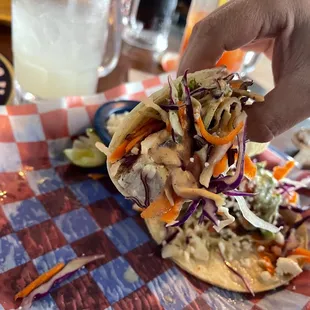 Mahi mahi tacos with chipotle sauce. Yum.