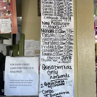 Menu and hours
