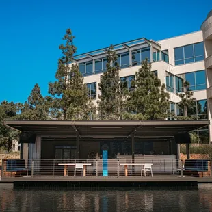 a boathouse on the water