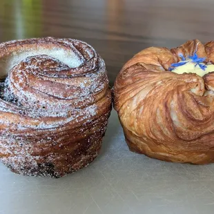 L: Black Sesame Morning Bun.  R: Calamansi Blueberry Pastry.