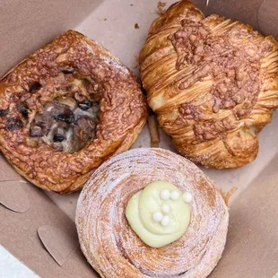 Mushroom and cheese, ham and cheese croissant and pandan cruffin