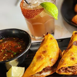 Tamarind margarita, birria tacos.