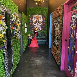 a hallway decorated with flowers
