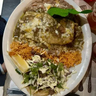 Chili verde burrito and carne asada taco