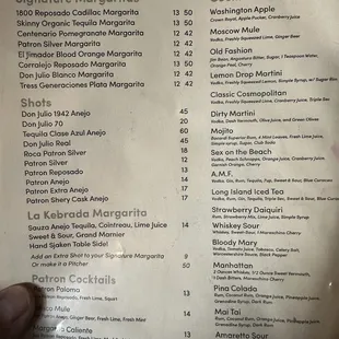 Drink menu