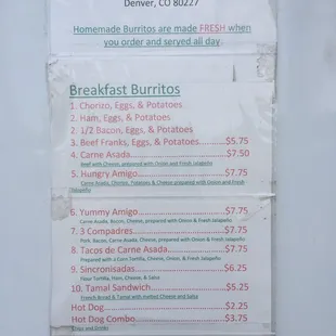 The menu at La Keka