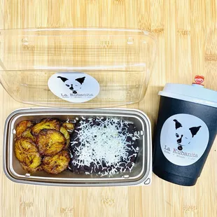 Platanitos y Frijole con Queso y Leche con Kafé.
(Fried plantains, Kuban refried beans w/cheese, &amp; Kuban Koffee.)