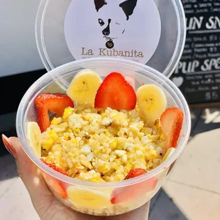 Pup Special 
(Brown Rice, egg, Fresh strawberries, &amp; Bananas)