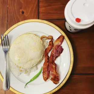 &quot;It&apos;s an Asian Thing&quot; Plate (Eggs over rice, bacon, &amp; Thai chili) with Kuban Koffee.