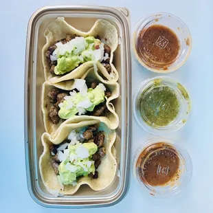 Secret Menu: Carne Asada tacos
(fresh guacamole, onion, &amp; choice of red or green salsa)