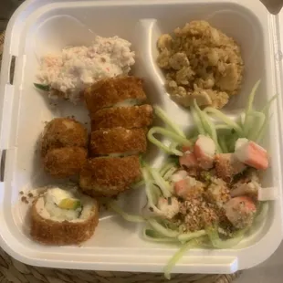 Monterrey Roll, cucumber &amp; crab salad and chicken fried rice (I have no clue what the stuff next to the roll is, but it's good)