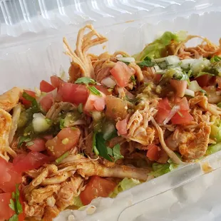 Low-carb burrito (to go) is basically a salad with shredded chicken.  It&apos;s juicy &amp; filling even w/o beans &amp; a tortilla!