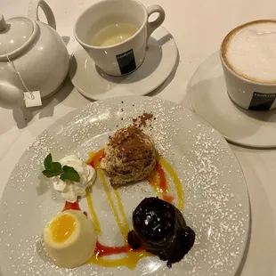 Green tea, Cappuccino, &amp; Three Petit (Three samplers, Tiramisu, warm Chocolate Cake &amp; Panna Cotta)