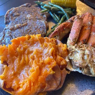 Crab Leg Dinner
Baked Sweet Potato, 
Ribeye Steak
Corn Cobbette
Garlic Green Beans