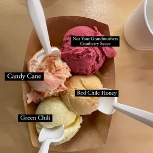 Ice cream flight $9. Green chili is the only one that wasn&apos;t a seasonal flavor.