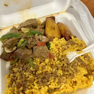 Pepper Steak, pigeon peas and rice with pepper steak gravy, plantains. $12.25 lunch before tax.
