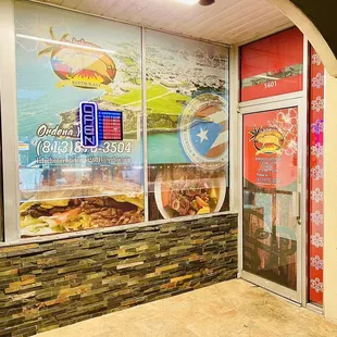 the entrance to a restaurant