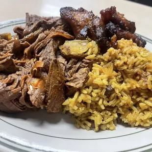 Arroz con guandules with shredded beef.