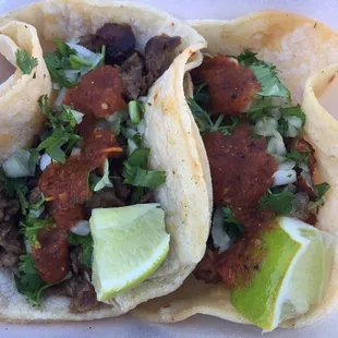 Asada Taco &amp; Al Pastor Taco w/ salsa rojas + lime
