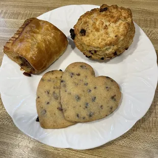 Sausage roll, scone &amp; cherry chocolate shortbread