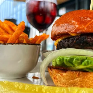 Burger, fries, and sangria