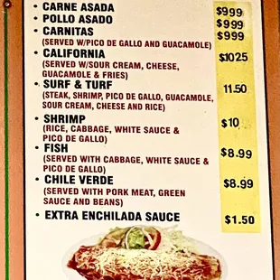 Burritos menu