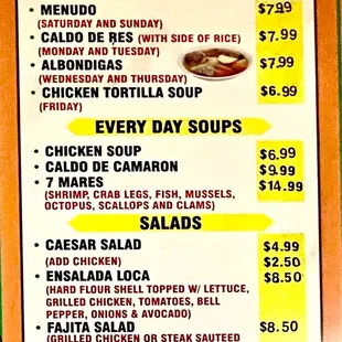 Soups, salads menu