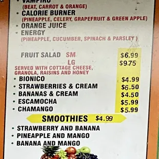 Menu - juices and drinks