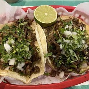 Steak tacos. Notice most serve small street style tacos not here they serve the authentic dinner or lunch tacos for the same $3.65