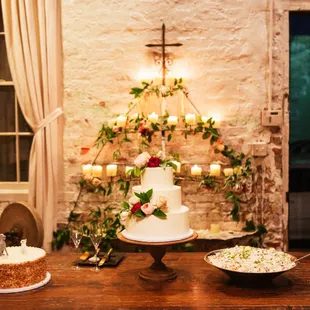 a wedding cake and desserts