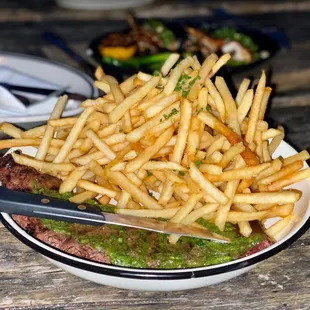 Steak frites. HUGE mound of fries.