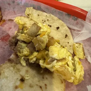 Potato and egg filled the taco and were cooked and seasoned well.