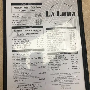 the menu for the restaurant