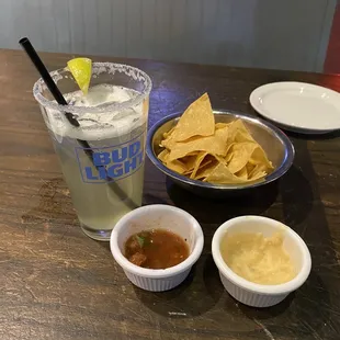 Margarita chips salsa and queso