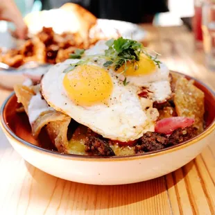 Chilaquiles, salsa verde, chorizo, Sunday brunch