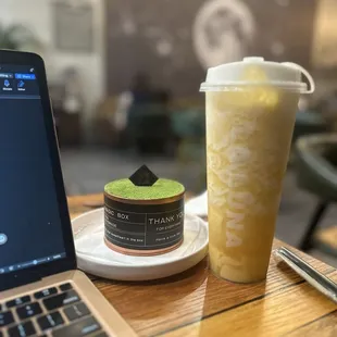 Matchamisu and pineapple cheese foam